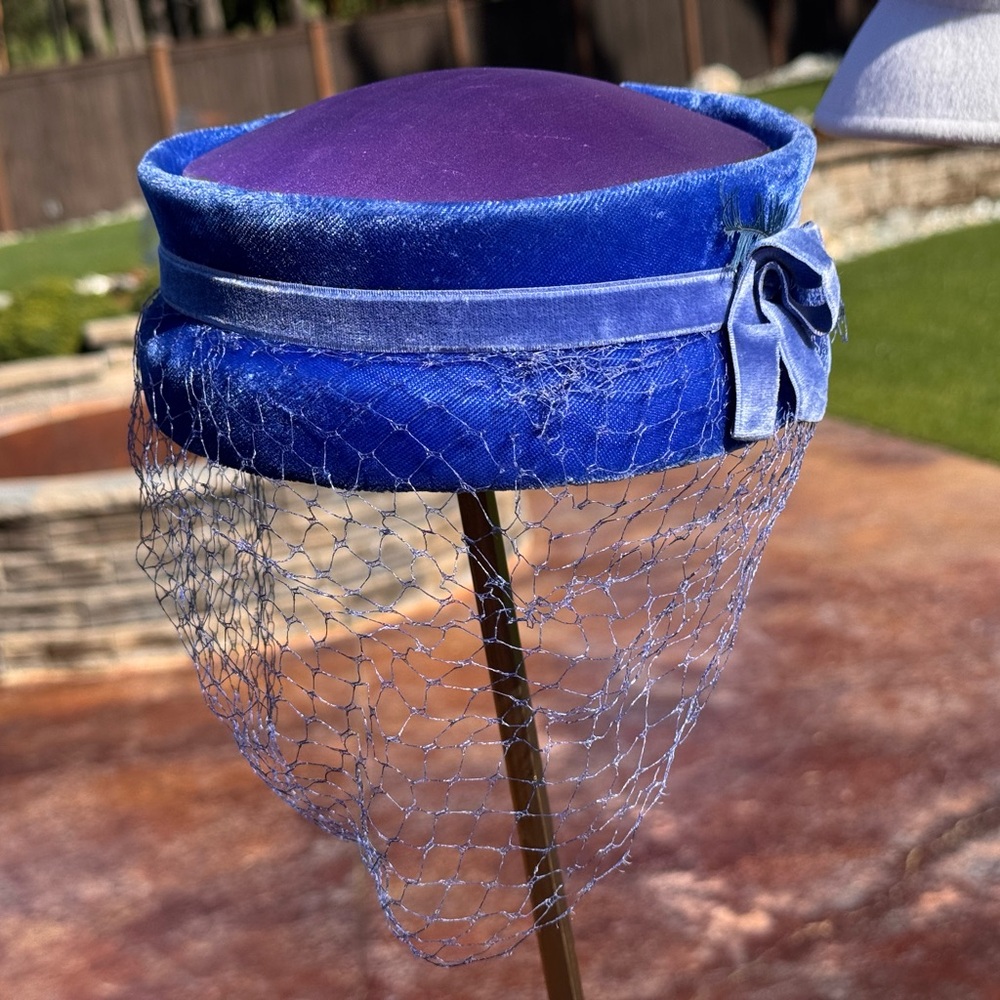 Vintage Velvet Pillbox Hat with Veil - Purple and Royal Blue